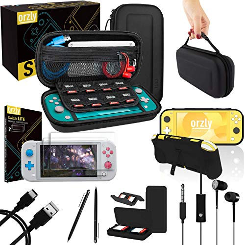 Switch Lite Accesoires, Orzly Zubehör für Nintendo Switch Lite (2019) Panzerglas Schutzfolien, USB Ladekabel, Konsole Tragetasche, Spiele Patronenhülse, Comfort Grip Case, Kopfhörer - Schwarz