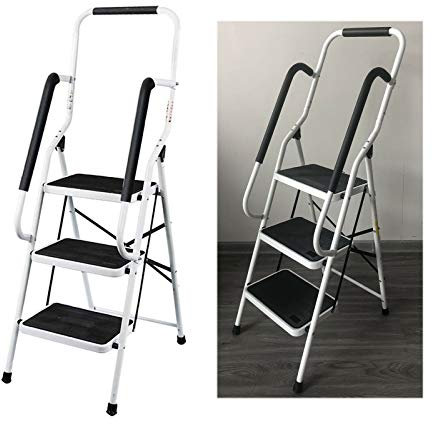 Escabeau pliable à 3 marches avec main courante - Verrouillage de sécurité avec large marche antidérapante - Jusqu'à 150 kg