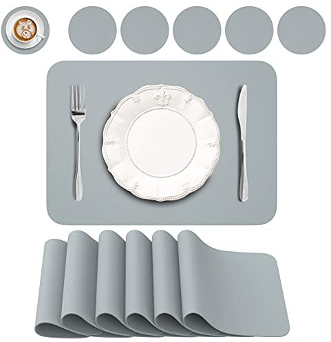 BANNIO Lot de 12 Sets de Table,6 Pièces Sets de Tables Lavables et 6 Pièces Dessous de Verre,PVC Set de Table(41 x 31CM),Antidérapant Lavable Chaleur Résiste,Bleu Gris