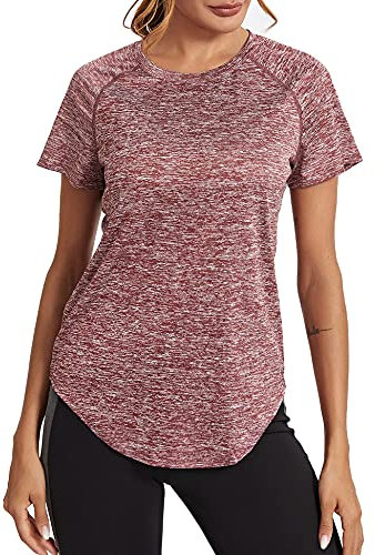 Wayleb Maglietta Sportiva T-Shirt Donna Maniche Corte per Allenamento Estive Asciugatura Rapida T Shirt Palestra Fitness Yoga Running Tee Top Vino Rosso,M