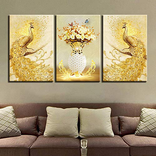 Leinwand Poster HD-Drucke Goldener Pfau Bilder Wandkunst Pfau Paar Blumen Gemälde für Wohnzimmer Innendekoration Wandbild -50x70cmx3pcs Kein Rahmen