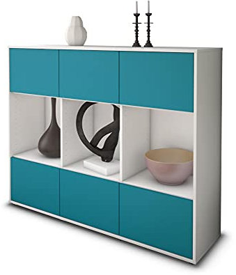 Stil.Zeit Highboard Kommode Suna, Korpus Weiss matt, Front Farb-Design Lagunenblau (136x108x35cm), Push-to-Open Technik & Leichtlaufschienen