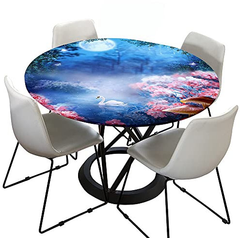 Morbuy Rund Tischdecke Elastisch, 3D Wald Drucken Rund Tischdecken Wasserdicht Abwischbar Abwaschbar Tischtuch für Dekoration Küchentisch Garten Outdoor (180cm,Weiße Gans)