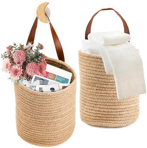 YOUEON 2er Set Jute Hängekörbe 19,8 cm x 17 cm, Wandhängende Pflanzkörbe, Jute Woven Hanging Storage Baskets, Kleine gewebte Körbe für Sonnenbrillen Geldbeutel Blumen Pflanzen Handtücher Spielzeug