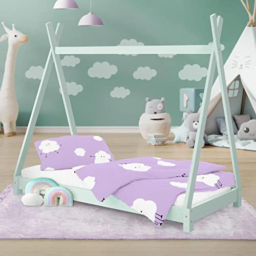 ML-Design Kinderbett Tipi 80 x 160 cm mit Lattenrost, Mint, aus Kiefernholz, Indianer Bett, Hausbett für Mädchen und Jungen, Bodenbett Kinderhaus Jugendbett Holzbett Bettenhaus Spielbett Zelt Holz