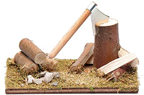 Holyart Axt auf Baumstumpf und Holzscheite 5x10x5 cm Zubehör für DIY-Krippe