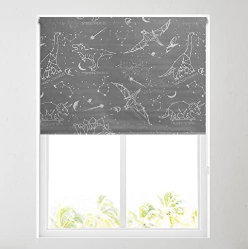 Barnes Blinds - Children's Blackout Roller Blinds for Windows, Custom Cut to Size - Black Out Thermal Fabric Durable Fittings Easy Fit - Roller Blind Patterned - Kids (Grey Dinosaur 122cm)