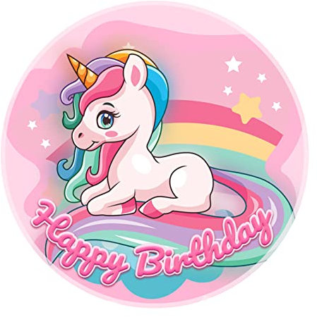 J&M DECO Tortenaufleger Einhorn – essbare Kuchendeko Ø 20 cm – Tortenbild für Mädchengeburtstag mit Regenbogen-Motiv – Tortendekoration aus Zuckerpapier – gebrauchsfertig