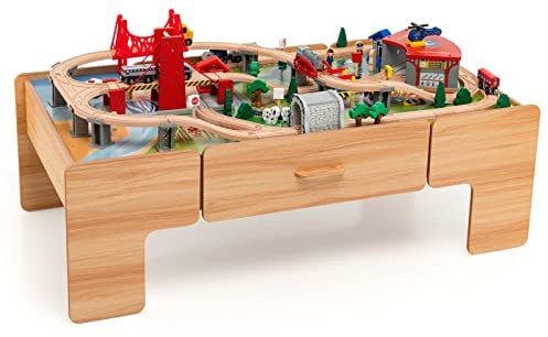 COSTWAY 100 teiliges Kinder Eisenbahn Set, Spieltisch aus Holz mit umkehrbarer Tischplatte & Schublade, Holzeisenbahn Zug Spielzeug für Kinder ab 3 Jahre (100 teilig)