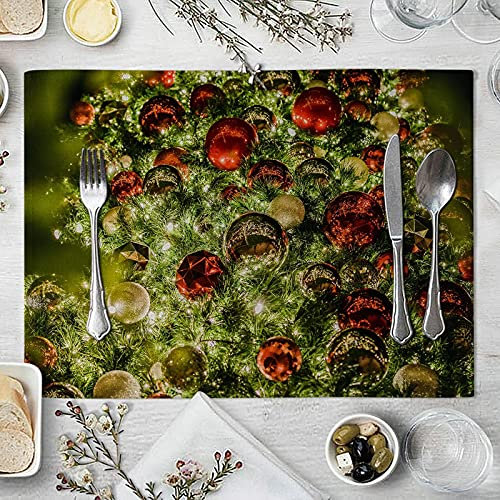 KnSam Place Mats Christmas Set of 8, Christmas Tree Bells Placemat Cotton Linen Washable Place Mats Green Red for Home Restaurant Dining Table 32 x 42 cm