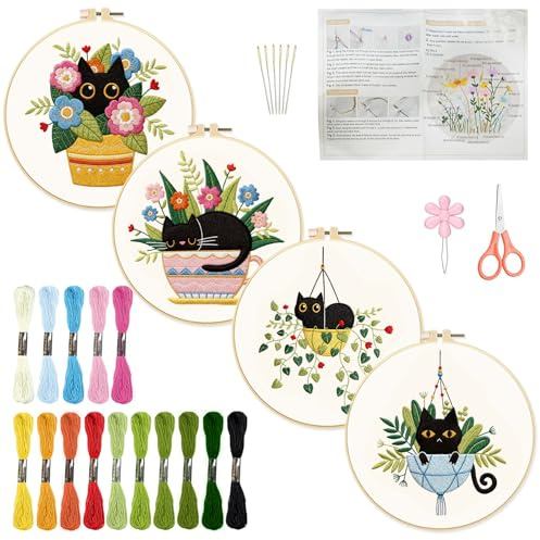 INFUNLY 4 Packung Stickerei-Starter-Set Schwarze Katze Kreuzstich-Set Mit Anleitung DIY-Anfänger-Pflanzen-Stickset Mit Kunststoff-Stickrahmen Fäden Und Nadeln Für Anfänger Und Erwachsene Zum
