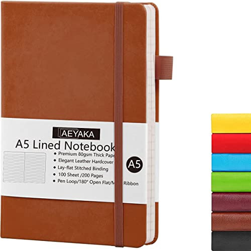 AEYAKA Liniert notizbuch A5 Journal Notizbuch A5 Liniertes Tagebuch Hardcover und Elastischem Verschlusst Stifthalter PU-Lederhülle Thick 80gsm Paper, 15 x 21 cm (Liniert, Braun)