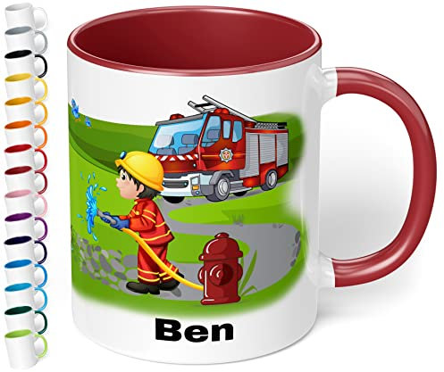 Tasse mit Namen für Kinder Feuerwehrmann – Kindertasse personalisiert – Feuerwehr Kinderbecher Trinkbecher für Jungen und Mädchen - rundum bedruckt – Geschenk zu Weihnachten, Geburtstag (Bordeaux)