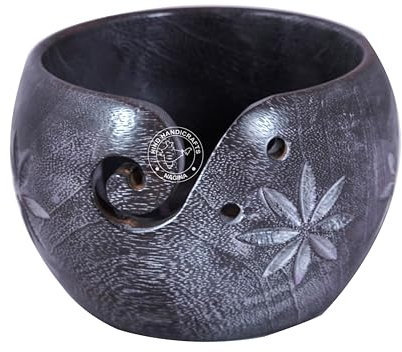 Premium Solid Dark Hardwood Crafted Wooden Portable Antique Yarn Bowl Holder for Knitting Crochet - Gift Set | Hind Handicrafts (6 x 6 x 4, Purple)