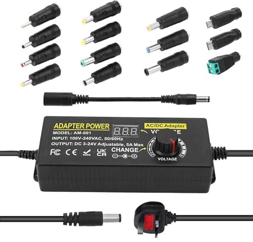 120W Universal Power Supply Adjustable DC 3V ~ 24V Variable Switching AC/DC Adapter 100V-240V AC to DC 24V 5A Converter with 14 Tips& Polarity Converter-5A Max
