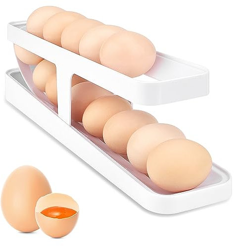 Hueveras Frigorífico Blanco Soporte para Huevos Rodante Bandeja Automático Plastico Organizador Dispensador 2 Capas Antideslizante para Almacenamiento Cocina 12-14 Huevos