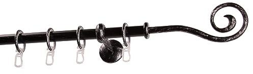 Garesa Gardinenstange Esperanca Ø 16mm, 1-läufig, Schwarz/Silber I Rustikale Vorhangstange inkl. Ringe + Faltenlegehaken I Mit Endknopf Spirale I Wandmontage I 120cm