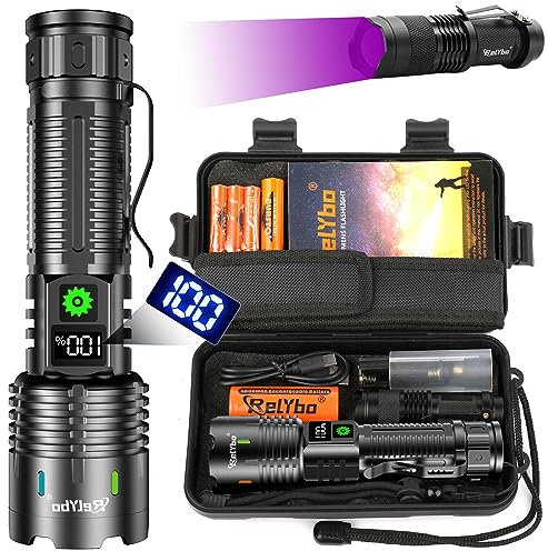 Relybo Linternas Led Alta Potencia Recargable, Linterna Led Recargable, Linterna Tactica Policial, 500000 Lumen linterna potente, Linterna Recargable USB Militar para Emergencia Camping Senderismo