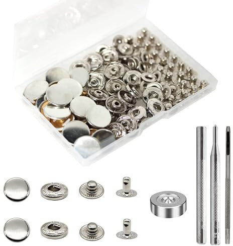 Basicon 24 Sets Druckknöpfe Set, Φ17mm Messing Kupfer Metall Bronze Kleidung Druckknöpfe Mit Fixierwerkzeug Kit Für Leder Jeans Jacke Brieftasche Handtasche, Silber