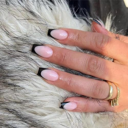 24pcs Short Coffin False Nails French Tip Stick on Nails Black Tip Press on Nails Removable Glue-on Nails Fake Nails Women Girls Nail Art Accessories