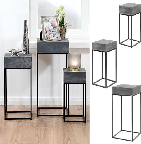 Pflanztisch Beistelltisch 3er-Set | Steinoptik 3 Größen H70/58/46 Metall MDF | Tisch-Set quadratisch für Pflanzen und Blumen