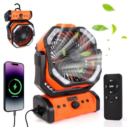 ELZO Camping Ventilador 20000mAh, Portátil Recargable para Escritorio Tienda de Campaña con Control Remoto y Gancho, Luz LED, Ventilador USB de Velocidad Continua, Hogar Exterior Viajes Pesca