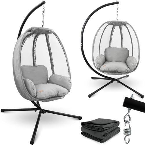 deluxe4home® Hängesessel mit Gestell Hellgrau I Hängekorb mit Kissen & Kuscheldecke I Hängeschaukel Sessel Indoor & Outdoor I Terrassenschaukel