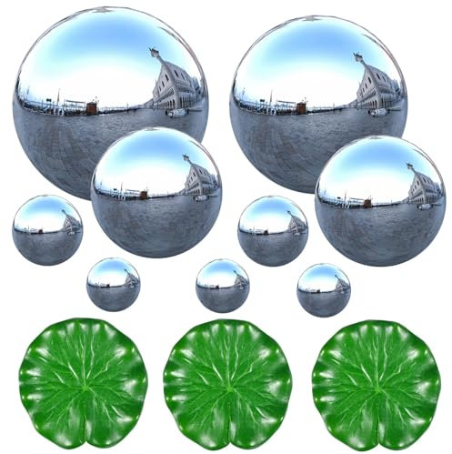 AUEJACKY Boules de Regard en Acier Inoxydable,9 Boule de Jardin réfléchissantes Acier Inoxydable Boules décoratives Assorties pour Bassin et Jardin Argenté Flottante Boule d'étang étang Ornement