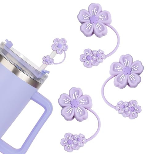Purple Flower Straw Covers for Stanley Cup Accessories, Silicone Straw Topper for Stanley Cup 30&40oz, 10mm 0.4in Cherry Blossom Straws Cover Cap for Reusable Straws Tips Lids - 3 Pack