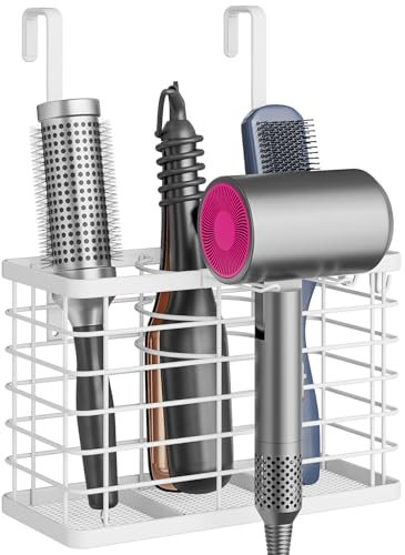 Porta Asciugacapelli Senza Foratura - Organizzatore Degli Strumenti per Capelli per Porta di Armadio - 3 in 1 Organizzatore da Parete Bagno Montato per Asciugacapelli, Piastre, Arricciacapelli, Bianco