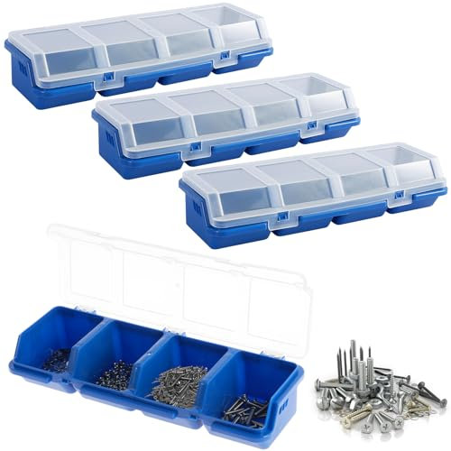 Foppla Lot de 4 boîtes de rangement en plastique avec 4 compartiments pour petits outils avec couvercle et verrou - Bac de rangement pour garage et atelier (bleu)