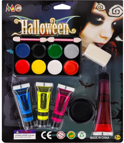 Pintura de halloween Facial Corporal, Maquillaje de Halloween Christmas, Gel de Sangre Falsa Lavable, 3 pinturas faciales y corporales luminosas, Pintura de Cara para Halloween, Carnaval, Fiesta