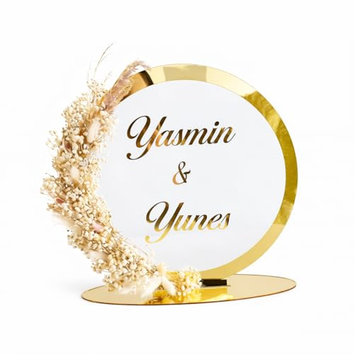 Generisch Namensaufsteller mit Trockenblumen Gold, Namensständer, Hochzeit, Verlobung, Geburtstag, Hochzeitsgeschenk, Geburtstagsgeschenk, Valentinstagsgeschenk, Namensschild, Dekoration, Eventdeko