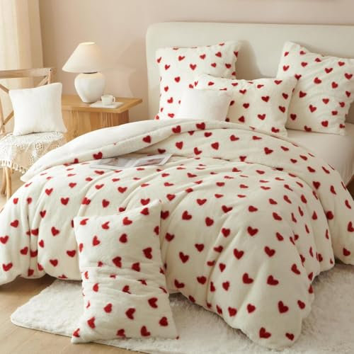 Tospass Aimer Housse de Couette Peluche 200x200 Blanc Rouge Motif de Cœur Shaggy Furry Faux Fur Hiver Parure de lit Flanelle Fuzzy avec Fermeture Éclair Linge de Lit avec 2 Taie d'oreiller 65x65cm