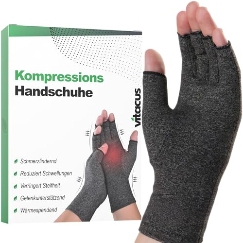 vitacus Kompressionshandschuhe für Arthritis – Arthrose Handschuhe für Damen & Herren – Fingerlose Handschuhe für den Alltag zur Schmerzlinderung und Gelenkunterstützung - 1 Paar, Grau (Größe XL)