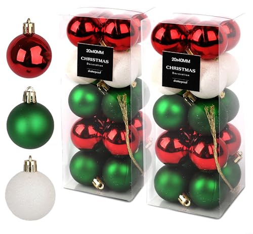 Weihnachtsbaumkugel Set 2er Pack - 40 x 4 cm Kugeln in Rot Glänzend | Weiß Glitzernd, Grün Matt, Perfekte Dekoration für Festliche Weihnachtsbäume, Adventskränze und Tischarrangements