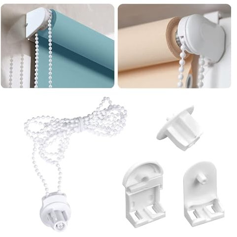 White Plastic Roller Blind Mounting Brackets 25mm, Repair Kit with Bead Chain, Roller Blind for Windows Spares Replacement Mechanism, Top Fixing and Side Fittings