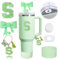 6PCS Green Stanley Cup Accessories Set for Stanley Cup 30 40oz Tumbler with Handle, Including Silicone Bow Straw Covers Cap, Spill Proof Stopper, Glitter Silicone Boot, Handle Charm, letter Patch (S)