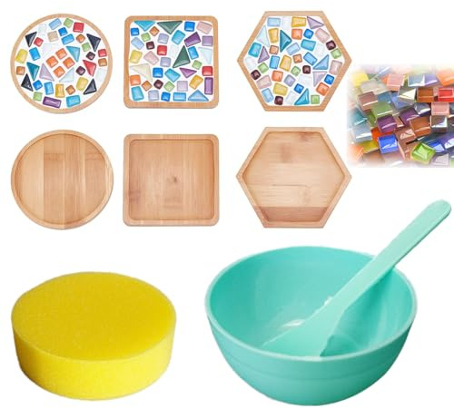Mosaik Bastelset Kinder – DIY Glas-Mosaik-Set für 3 Mosaik-Glasuntersetzer, 150g bunte Mosaiksteine, 3 verschiedene Formen, inkl. Zubehör (Schale, Schaber, Schwamm), einfach zu verwenden, kr