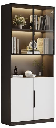 Azkoeesy Vitrine en verre avec éclairage LED et portes en verre, 80 x 30 x 200 cm, meuble haut, bibliothèque, armoire sur pied