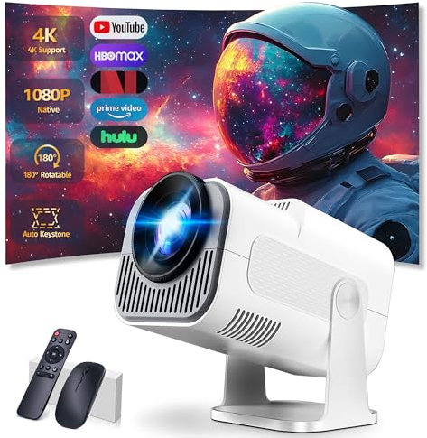 【App intégrée】 Vidéoprojecteur 1080P FHD, Mini Projecteur Video avec WiFi 6 Bluetooth 5.2, Portable Projecteur 4k Dual Contrôle avec Supporté 180° Rotation Android TV/USB/PC,avec HDMI et Souris,Blan