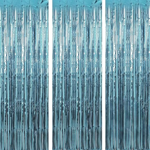 3 Stück Lametta Vorhang Himmelblau, Glitzervorhang Lametta, Glitzer Tinsel Folie Fransen Dekoration für Party Deko, Geburtstagsfeier, Hochzeit, Festivals Bühnendekor, Shower Bachelorette