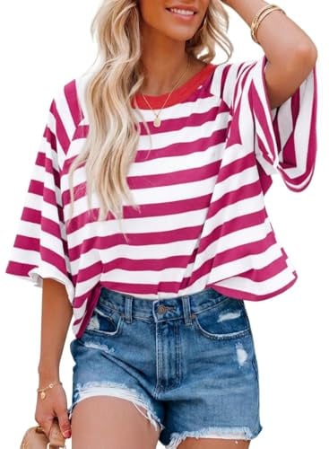 Chicrise Tee Shirt Femme Été À Rayures Col Rond Ample Top Multicolore Chic Et Élégant Haut Manches Courtes