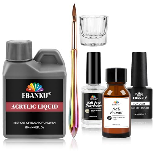 EBANKU Monomer For Acrylic Nail Liquid Kit: MMA-Free Fomula Acrylic Liquid for Extension with Everything Dehydrator and Primer Gel Top Coat to Enhance Adhesion Monomer Nail Kit For DIY Lover At Home
