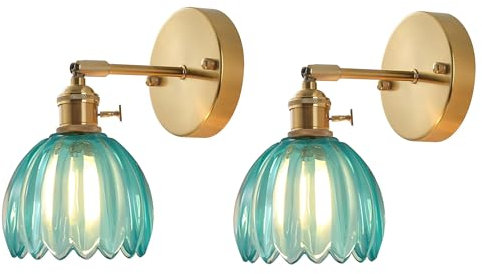 EKSED Applique Murale Vintage en Verre avec Douille E27 et Interrupteur Rotatif, Applique Murale Décorative avec Abat-Jour en Forme de Pétale pour Chambre, Couloir ou Salon (bleu, lot de 2)