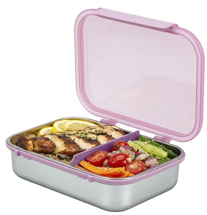 Smash 61oz / 1.8L Microwave Safe Stainless Steel Bento Box with Pink Hinged Lid – 2 Compartments with Movable Divider, Leak-Proof Clip Closure & Silicone Seal