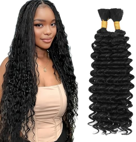 Tuheerst Human Hair Extensions For Boho Braids 28 28 Inch #1B Natural Black Color Deep Wave Knotless Unprocessed Human Hair Braiding For Woman 50g/Bundle Total 100g