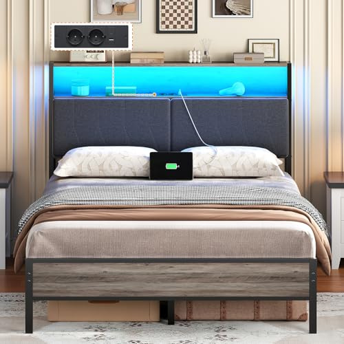 HOOBRO Bett 140 x 200 cm mit Lattenrost, Stabiler Metallbettgestell mit Gepolstertem Kopfteil, Ladestation und LED-Beleuchtung, Einzelbett mit Stauraum für Schlafzimmer, Grau und Schwarz EBG68CDBF01