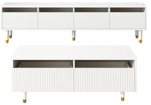 Bladez Modernes LED-Möbelset – Viertüriger TV-Ständer und Couchtisch mit 2 Schubladen, Weiß mit Gold-Design, LED-Beleuchtung, Wellenstruktur und Acrylfronten für stilvolles Wohnzimmer