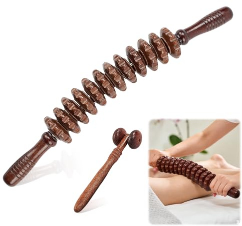 2 Pcs Faszienrolle Set, 12 Runden Massagestab mit Griff 43cm and Triggerpunkt Faszienstab Holz, Massage Roller, Massageroller Lymphdrainage Beine Körper und Oberschenkel für Zuhause Büro Reisen
